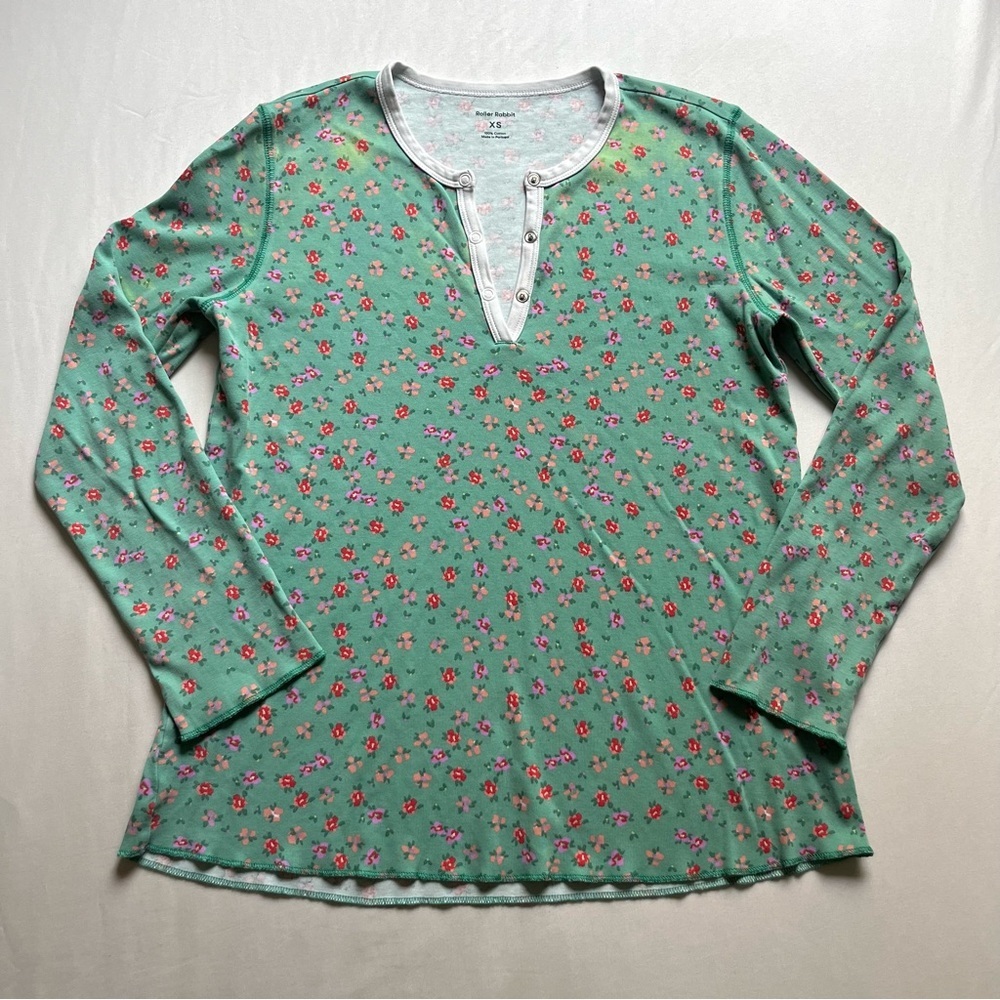 ROLLER RABBIT green floral brushed knit cotton long sleeve sleep‎ shirt top